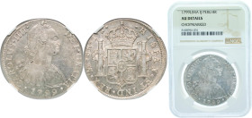 Peru Spanish colony 1799 LIMAE IJ 8 Reales - Charles IV Silver (.896) Lima Mint (5367000) 27.06g NGC AU Chopmarked KM 97