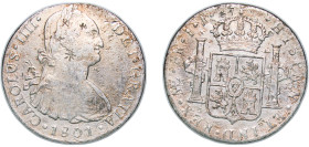 Peru Spanish colony 1801 LIMAE IJ 8 Reales - Charles IV Silver (.896) Lima Mint (4223000) 25.44g XF Chopmarked Corrosion KM 97