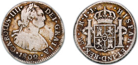 Peru Spanish colony 1802 LIMAE IJ 2 Reales - Charles IV Silver (.896) Lima Mint 6.33g VF KM 95