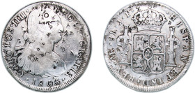 Peru Spanish colony 1805 LIMAE JP 8 Reales - Charles IV Silver (.896) Lima Mint (4030000) 26.54g VF Chopmarked KM 97