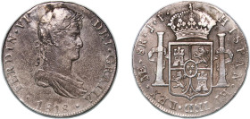 Peru Spanish colony 1818 LIMAE JP 8 Reales - Ferdinand VII Silver (.896) Lima Mint 26.31g XF Holes Repaired KM 117
