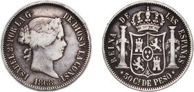 Philippines Spanish colony 1868 50 Centavos - Isabella II Silver (.900) Manila Mint (423000) 12.83g VF KM 147
