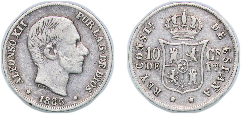 Philippines Spanish colony 1885 10 Centavos - Alfonso XII Silver (.835) Manila M...