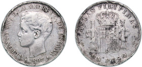 Philippines Spanish colony 1897 1 Peso - Alfonso XIII Silver (.900) Madrid Mint (6000000) 24.67g VF Rim Damage KM 154