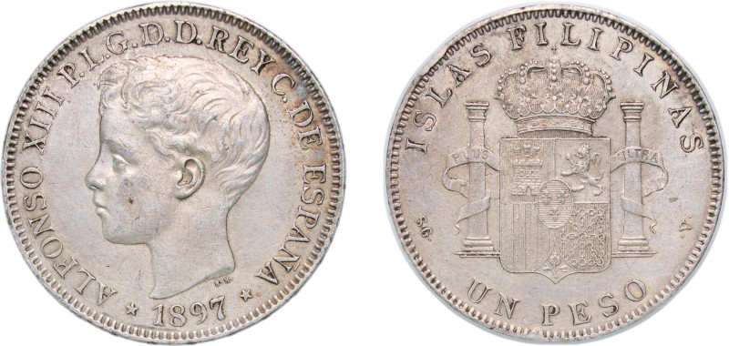 Philippines Spanish colony 1897 1 Peso - Alfonso XIII Silver (.900) Madrid Mint ...