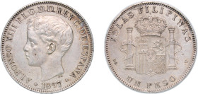 Philippines Spanish colony 1897 1 Peso - Alfonso XIII Silver (.900) Madrid Mint (6000000) 25.02g AU KM 154