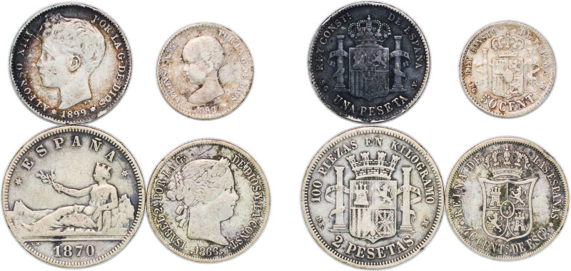 Spain 1866 - 1899 50 Centimos, 1 Pta, 2 Ptas, 40 Centimos de Escudo Coinage (4 L...