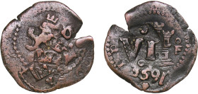 Spain Kingdom 1655 8 Maravedis - Philip IV (countermarked) Billon Coruna Mint 2.62g VF