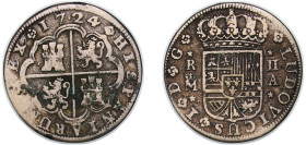 Spain Kingdom 1724 M A 2 Reales - Luis I (Contemporary counterfeit in brass) Brass Madrid Mint 4.45g VF KM 327