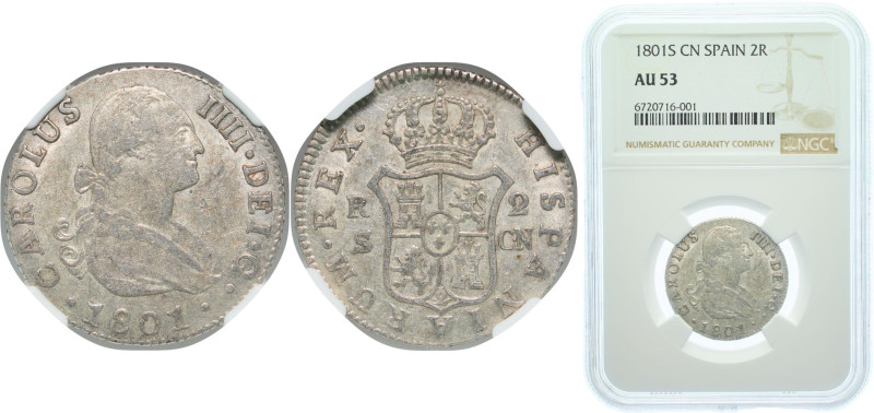 Spain Kingdom 1801 SCN 2 Reales - Charles IV Silver (.806) Seville Mint 6g NGC A...