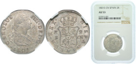 Spain Kingdom 1801 SCN 2 Reales - Charles IV Silver (.806) Seville Mint 6g NGC AU 53 KM 430