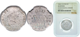 Spain Kingdom 1806 S CN 2 Reales - Charles IV Silver (.806) Seville Mint 6g NGC AU Environmental Damage KM 430