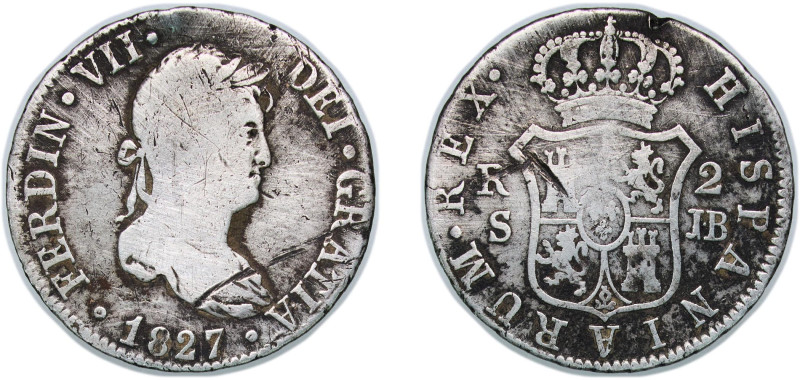 Spain Kingdom 1827 S JB 2 Reales - Ferdinand VII (Laureate bust) Silver (.812) S...