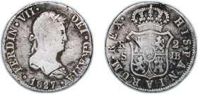 Spain Kingdom 1827 S JB 2 Reales - Ferdinand VII (Laureate bust) Silver (.812) Seville Mint 5.52g VF Scratches KM 460