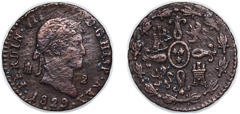 Spain Kingdom 1829 2 Maravedis - Ferdinand VII Copper Segovia Mint 2.38g VF KM 4...