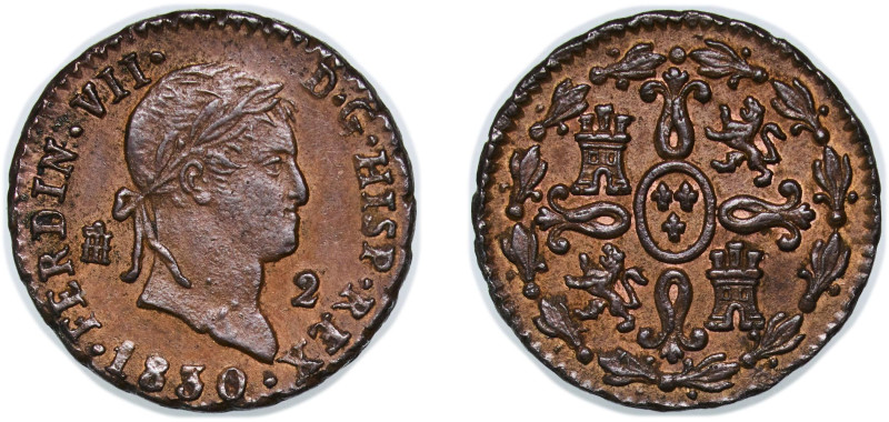 Spain Kingdom 1830 2 Maravedis - Ferdinand VII Copper Segovia Mint 2.93g AU KM 4...