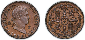 Spain Kingdom 1830 2 Maravedis - Ferdinand VII Copper Segovia Mint 2.93g AU KM 487