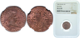 Spain Kingdom 1840 2 Maravedis - Isabel II Copper Segovia Mint 2.5g NGC MS 63