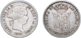 Spain Kingdom 1868 *18-68 40 Centimos de Escudo - Isabel II Silver (.810) Madrid Mint 5.14g VF Cleaned KM 628