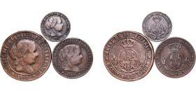 Spain Kingdom 1868 OM 1, 2½, 5 Centimos - Isabel II (3 Lots) Bronze VF
