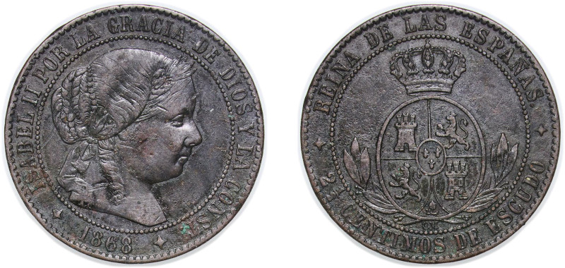 Spain Kingdom 1868 OM 2½ Centimos de Escudo - Isabel II Bronze Jubia Mint 6.07g ...