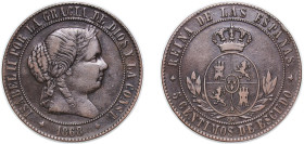 Spain Kingdom 1868 OM 5 Centimos de Escudo - Isabel II Bronze Jubia Mint 12.1g XF KM 635.2