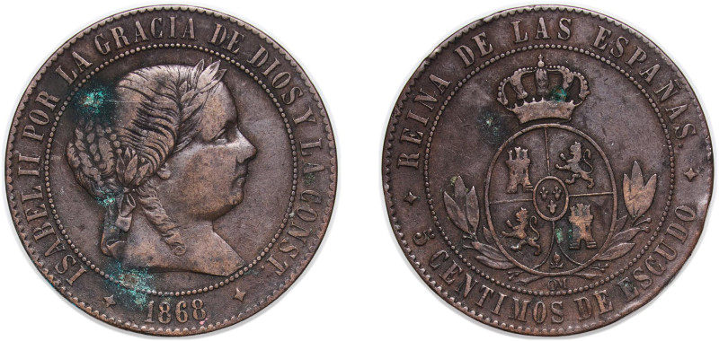 Spain Kingdom 1868 OM 5 Centimos de Escudo - Isabel II Bronze Jubia Mint 12.50g ...