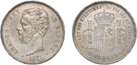 Spain Kingdom 1871 *18-71 SDM 5 Pesetas - Amadeo I Silver (.900) Madrid Mint (13641162) 24.89g UNC KM 666 Cal 5