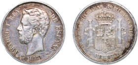 Spain Kingdom 1871 *18-73 DEM 5 Pesetas - Amadeo I Silver (.900) Madrid Mint (2870000) 24.84g XF KM 666