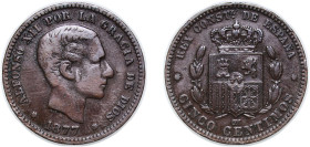 Spain Kingdom 1877 OM 5 Centimos - Alfonso XII Bronze Barcelona Mint (34376000) 5.08g XF KM 674