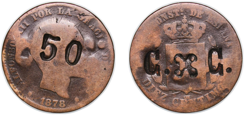 Spain Kingdom 1878 OM 10 Centimos - Alfonso XII (Countermarked 50 G. X G.) Bronz...