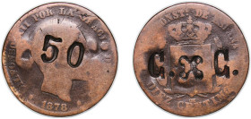 Spain Kingdom 1878 OM 10 Centimos - Alfonso XII (Countermarked 50 G. X G.) Bronze Barcelona Mint 9.13g VF KM 675