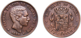Spain Kingdom 1878 OM 10 Centimos - Alfonso XII Bronze Barcelona Mint (68740000) 9.47g XF KM 675