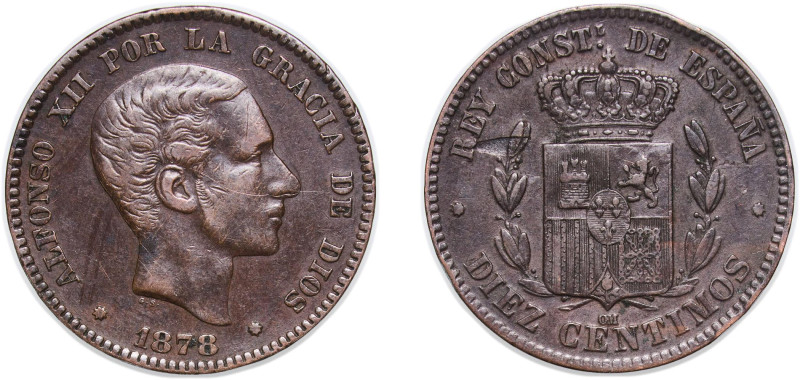 Spain Kingdom 1878 OM 10 Centimos - Alfonso XII Bronze Barcelona Mint 9.79g XF M...