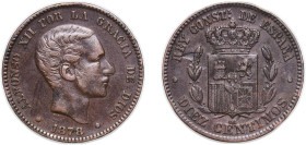 Spain Kingdom 1878 OM 10 Centimos - Alfonso XII Bronze Barcelona Mint 9.79g XF Mint Error Lamination error KM 675
