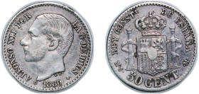 Spain Kingdom 1880 *8-0 MSM 50 Centimos - Alfonso XII Silver (.835) Madrid Mint (2787000) 2.44g VF KM 685