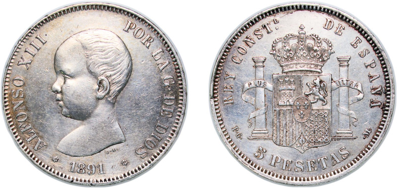 Spain Kingdom 1891 *18-91 PGM 5 Pesetas - Alfonso XIII (1st portrait) Silver (.9...