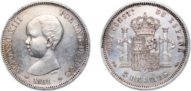 Spain Kingdom 1891 *18-91 PGM 5 Pesetas - Alfonso XIII (1st portrait) Silver (.900) Madrid Mint (11659556) 24.96g AU KM 689