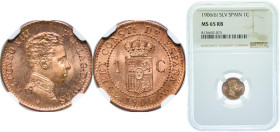 Spain Kingdom 1906 *6 SLV 1 Centimo - Alfonso XIII (4th portrait) Bronze Madrid Mint (7500000) 1g NGC MS 65 KM 726