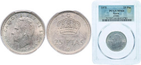 Spain Kingdom 1975 *80 25 Pesetas - Juan Carlos I Copper-nickel Madrid Mint (136000000) 8.5g PCGS MS 64 Mint Error Rotated Dies 180º KM 808 Schön 41
