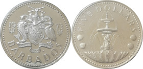 BARBADOS - 5 dollars argent 1973 - FDC (BE) scellé - Scealed MS (Silver Proof)
Silver 800 ‰ - 31,1 g - 97.000 exemplaires
Ref. KM# 16a
