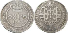 BRAZIL - 80 réis João VI en cuivre argenté - 1820 - TB / VF
Copper - 14,61 g
Ref. KM# 341
This coin has been silver-platted, probably for jewelry purp...