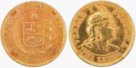 PEROU - Una libra or - 1964 - SUP
Gold 917 ‰ - 7,99 g
Ref. KM# 207