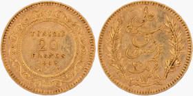 TUNISIA - 20 francs or Ali (protectorat français) - 1892 A (١٣٠٩) - TTB
Gold 900 ‰ - 6,44 g
Ref. KM# 227