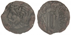AE 26. 310-280 a.C. ESCITIA. OLBIA. Anv.: Cabeza del dios Borysthenes, a izquierda contramarca. Rev.: Hacha y arco en carcaj, monograma ¶I. 9,62 grs. ...