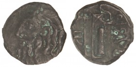 AE 22. 310-280 a.C. ESCITIA. OLBIA. Anv.: Cabeza del dios Borysthenes, a izquierda contramarca. Rev.: Hacha y arco en carcaj, monograma IK. 8,14 grs. ...