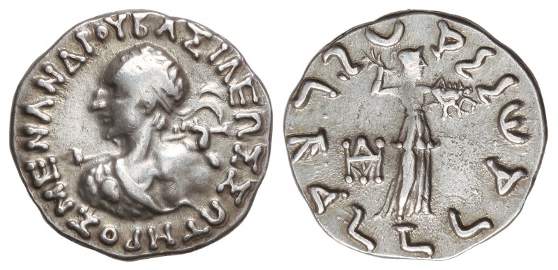 Dracma. 160-140 a.C. MENANDER. BACTRIA. Anv.: Busto diademado del rey a izquierd...