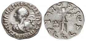 Dracma. 160-140 a.C. MENANDER. BACTRIA. Anv.: Busto diademado del rey a izquierda, alrededor leyenda. Rev.: Palas Atenea en pie a derecha con fulmen y...