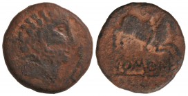 As. BASCUNES. Anv.: Cabeza barbada a derecha, delante delfín. Rev.: Jinete con espada, debajo leyenda ibérica. 8,83 grs. AE. Pátina rojiza. AB-224. BC...