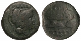 Triens. 211-206 a.C. ANÓNIMA. Anv.: Cabeza de Atenea con casco a derecha, cuatro puntos encima. Rev.: Proa de nave a derecha, encima ROMA, debajo cuat...